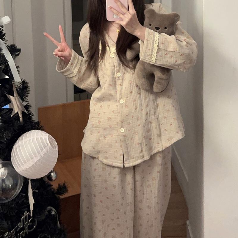 

Spring and autumn baby cotton gauze pajamas women s sweet long-sleeved lace girl floral loungewear two-piece set in stock XL