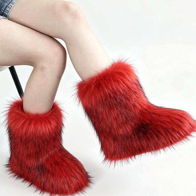 YK women's imitation fox fur snow boots imitation fur plush flat winter boots fashion cotton boots