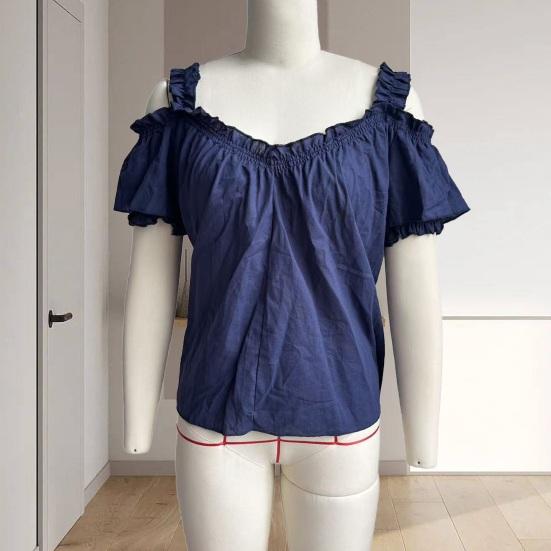 Women Tops Shoulder Straps Design Off Shoulder Ruffle Collar T-shirt Pure Color Loose Fit Short Sleeve Summer Tops