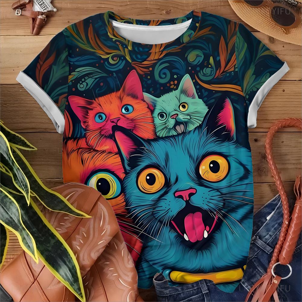 Summer Personalized Cute Cat Pattern Daily Casual Versatile Women's Short Sleeved T-shirt Classic Pullover Unisex Y2k Streetwear