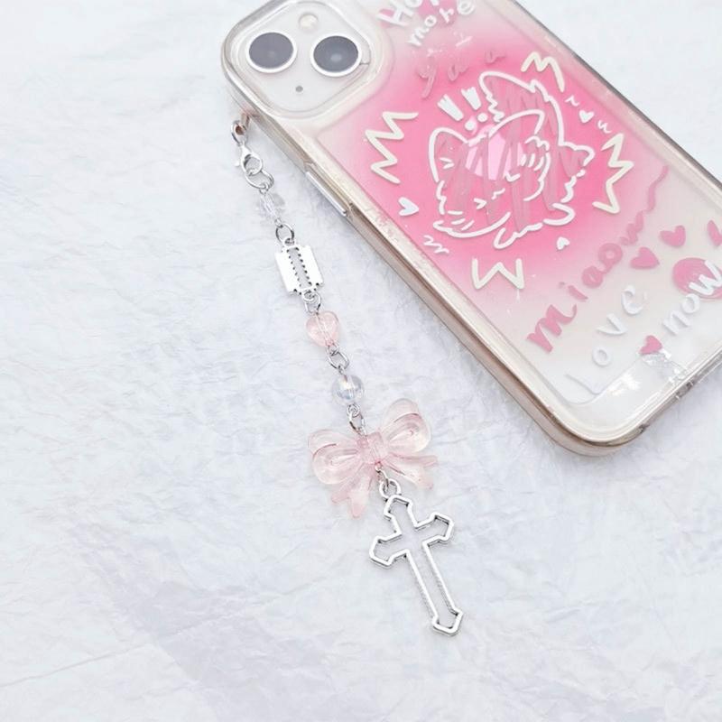 Beaded Wrist Strap Cross Pendant Keyring Hollow Heart Bead Wrist Strap Y2k