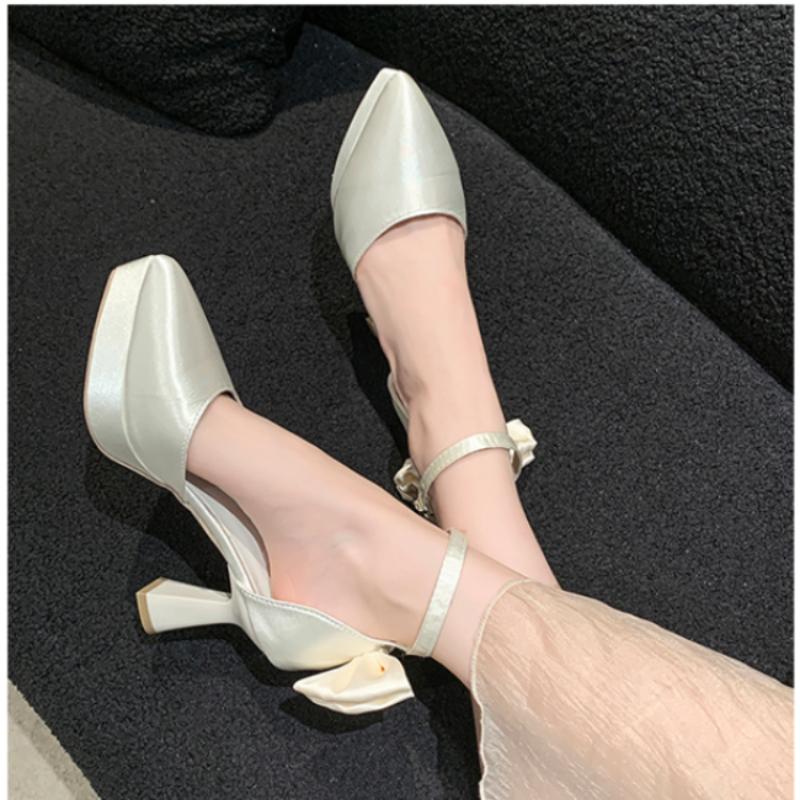 2024 Newest Satin Pearl Bow High Heel Waterproof Platform Rhinestone Twining Single Shoes 15 Color Women's Shoes Size 35-40