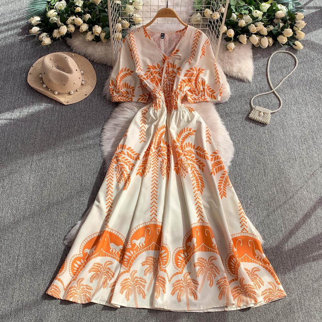 Summer Women Printed Dress V-neck Lace-up Short Sleeved Pleated A-line American Casual Fashion Elegant Female Dresses