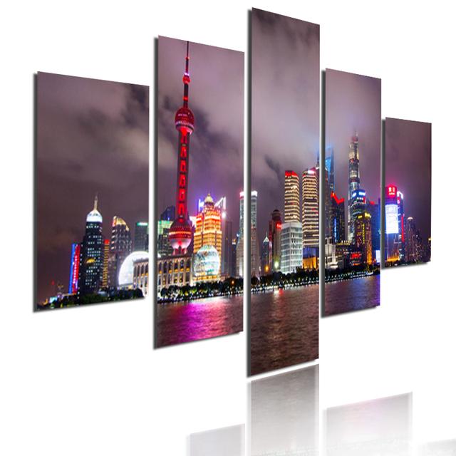 5 Pieces Modular Picture Bustling Cityscape Poster HD Printed Wall Art Modern Metropolis Skyscrapers Canvas Painting Home Decor