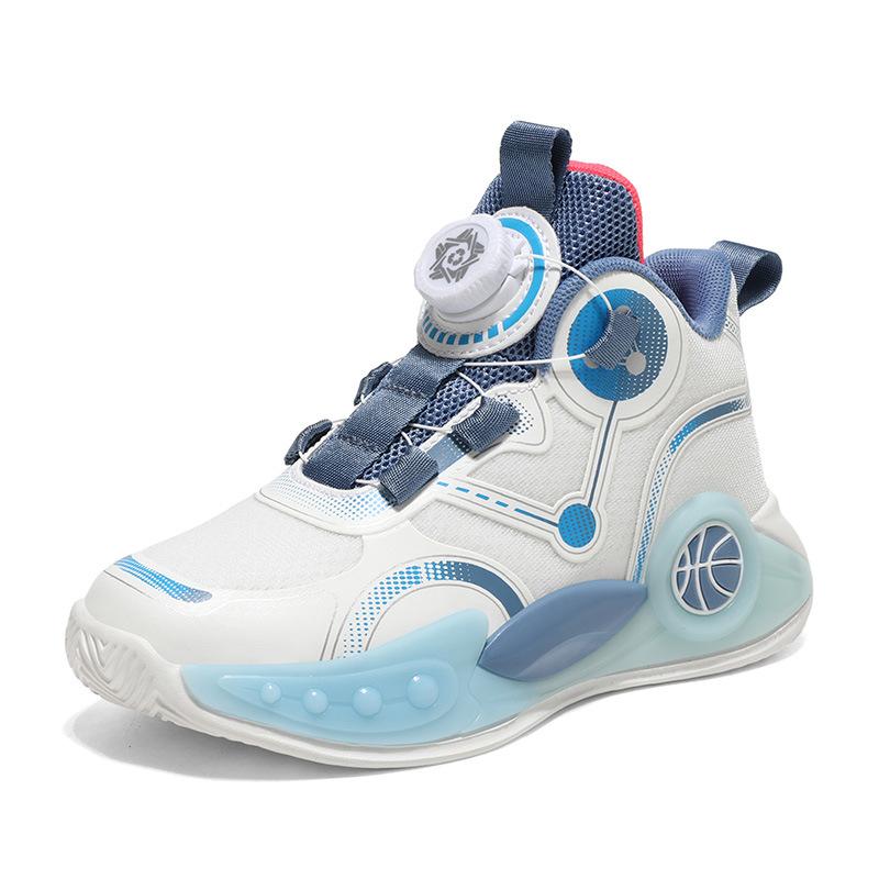 Lace-up-free Classmates Boys Mesh Breathable Basketball Shoes Middle and Older Children Non-slip Autumn Fashion Rotating Buckle Running Sneakers