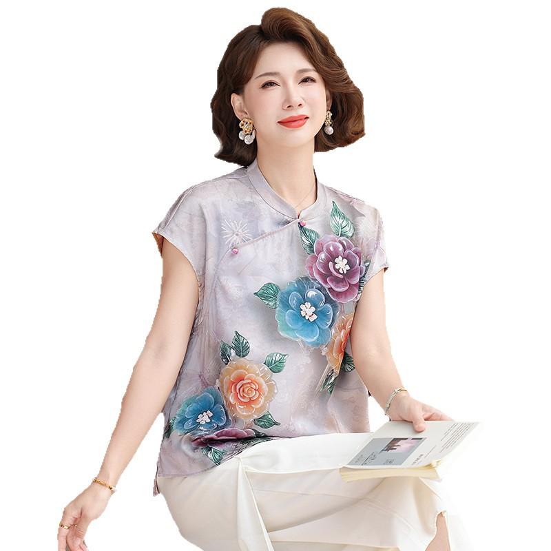 Chinese-style Frog Button Printed Summer Top for Middle-aged Women