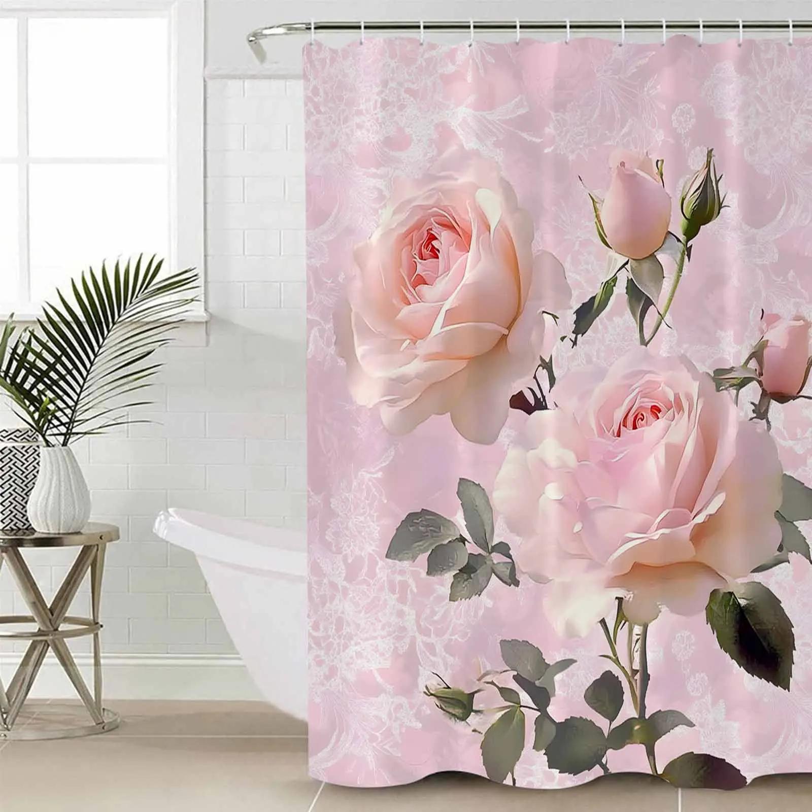 

Nature Pink Rose Flower Shower Curtains Waterproof Bath Curtains Home Decor Modern Luxury Bathroom Curtain W60H190(CM)-1 Pcs