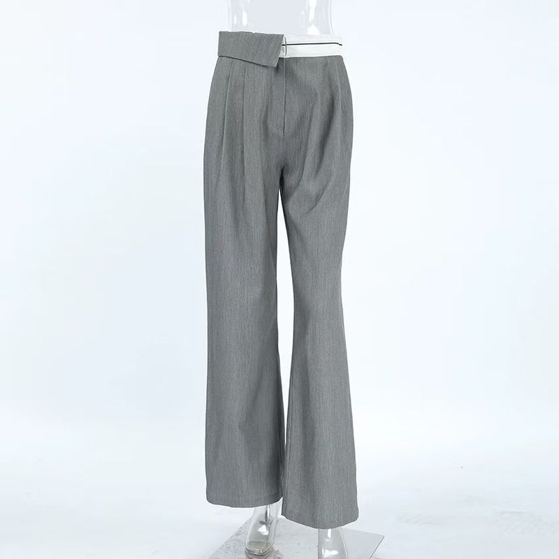 

European and American Fashion New Style Loose Straight-leg Patchwork High Waist Casual Pants Suit Pants High Waisted Trousers Gray L