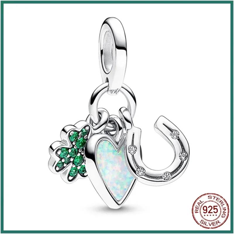 Lucky 925 Silver Charms Green Four Leaf Clover Horseshoe Bead Earrings Pendant Exquisite Bracelets Necklaces DIY Jewelry