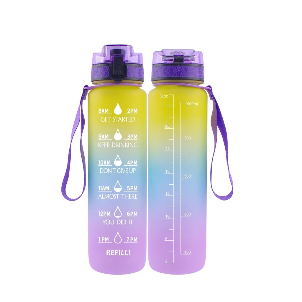 Tritan Frosted 1000ml Plastic Water Bottle with Time & Capacity Scale, Portable Handle