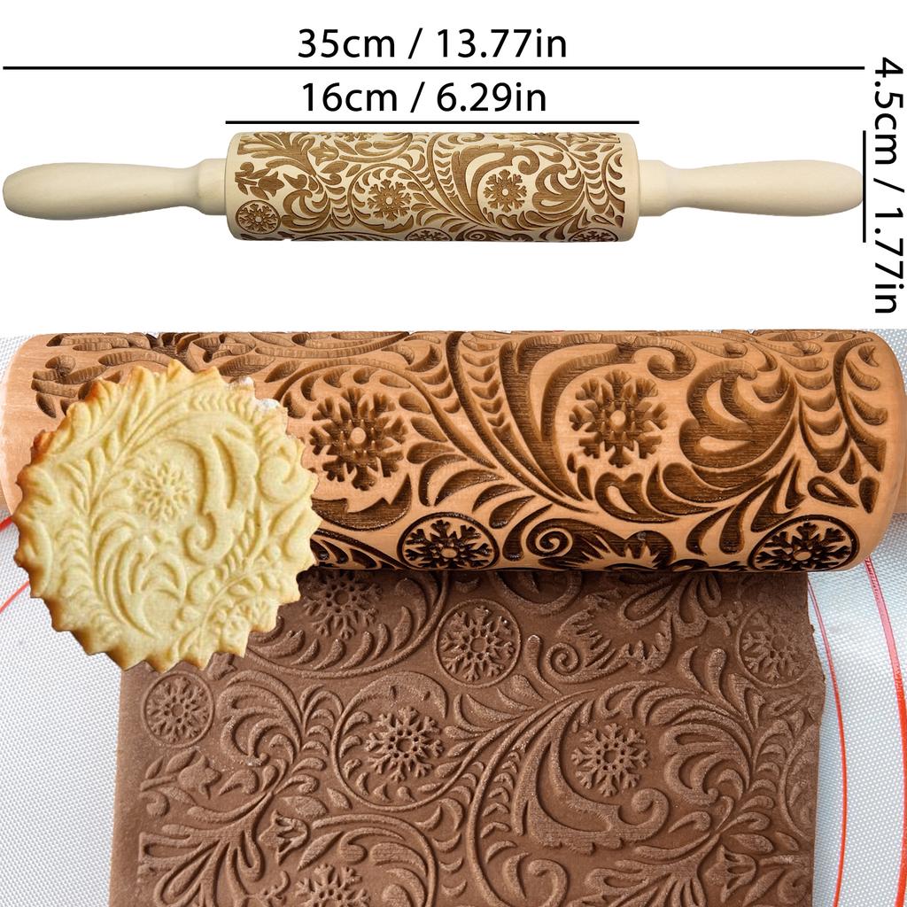 Wooden Rolling Pin for Christmas, 3D DIY Engraved Embossing Rolling Pins with Xmas Reindeer Flower Pattern, for Baking Cookies