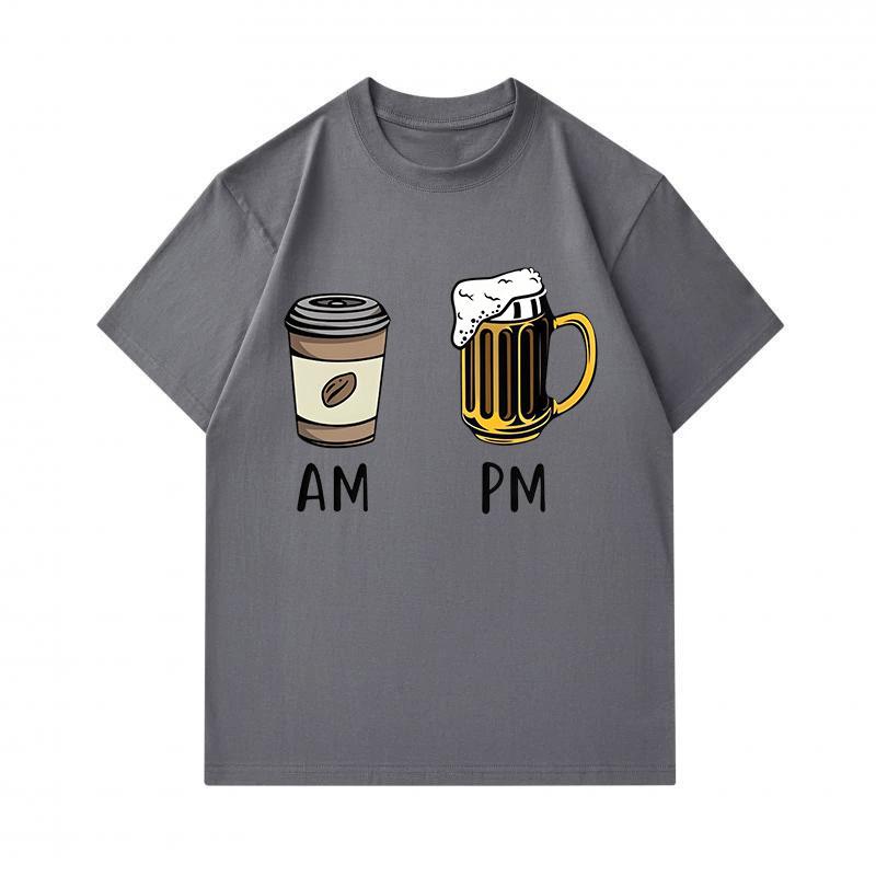 Men's 100% Cotton Crew Neck Short Sleeve T-Shirt, Funny AM Coffee PM Beer Graphic Casual Daily Wear Tee, Soft Breathable Summer Top for Men