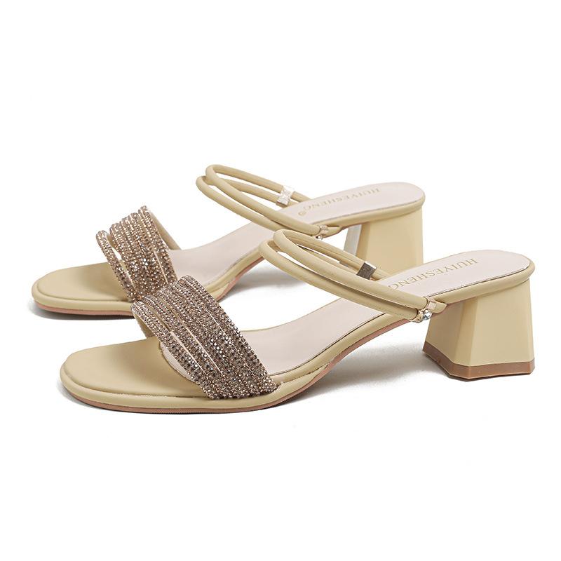 

Fashion bling bling med-high heels sandals women two wears summer slide shoes woman crystal band gladiator sandalias mujer big size 43 40 хаки