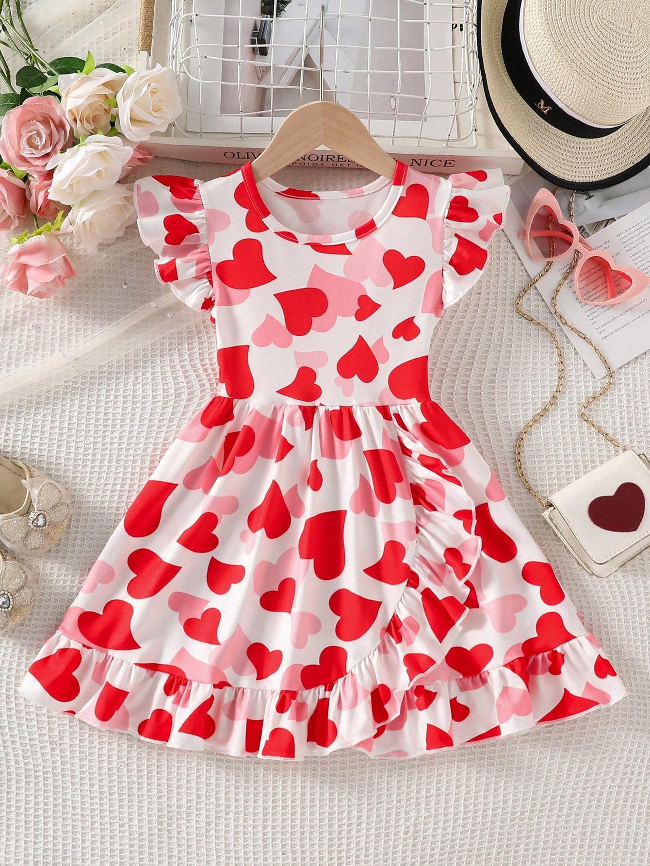 

Girl s casual and stylish everyday dress with lace trim, ruffles, and heart print; small flutter sleeves; suitable for spring, summer, and autumn. 4Y