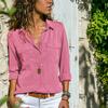 Womens Fashion V Neck Shirts Long Sleeve Tops Pockets Design Blusas Turn Down Collar Shirts Solid Colors Femininas