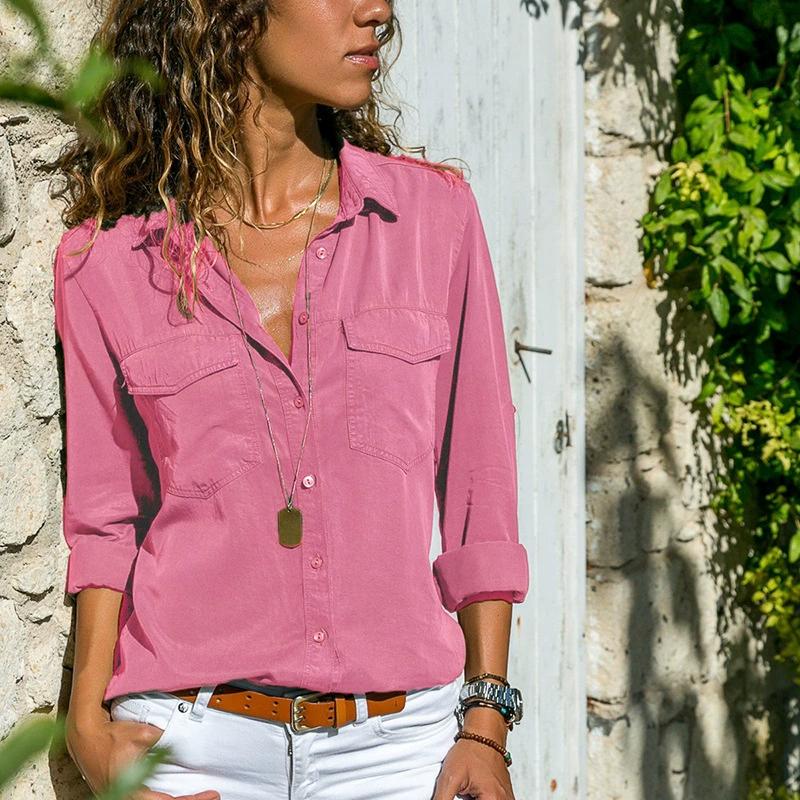 Womens Fashion V Neck Shirts Long Sleeve Tops Pockets Design Blusas Turn Down Collar Shirts Solid Colors Femininas