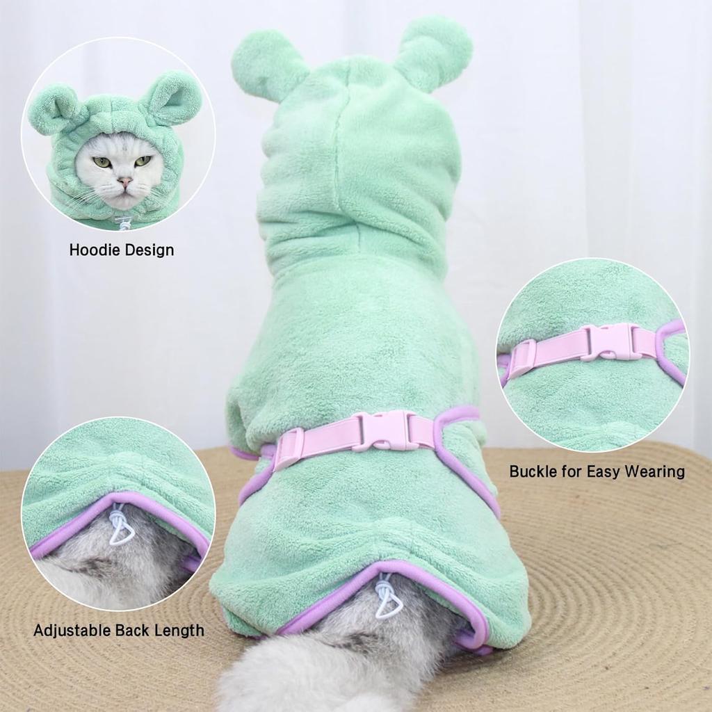 Pet Bathrobe for Dog Cat Absorbently Quick Drying Coat Cute Dogs Bath Towel Hooded Robe Adjustable Collar & Belly Strap for Pool Beach (Green,