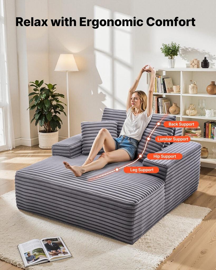 Chaise Lounge Chair, 1240 mm Boneless Chaise Lounge Indoor, Modern Upholstered Oversized Reading Chair with Pillows & Armrests, Sofa Couch Deep Seat