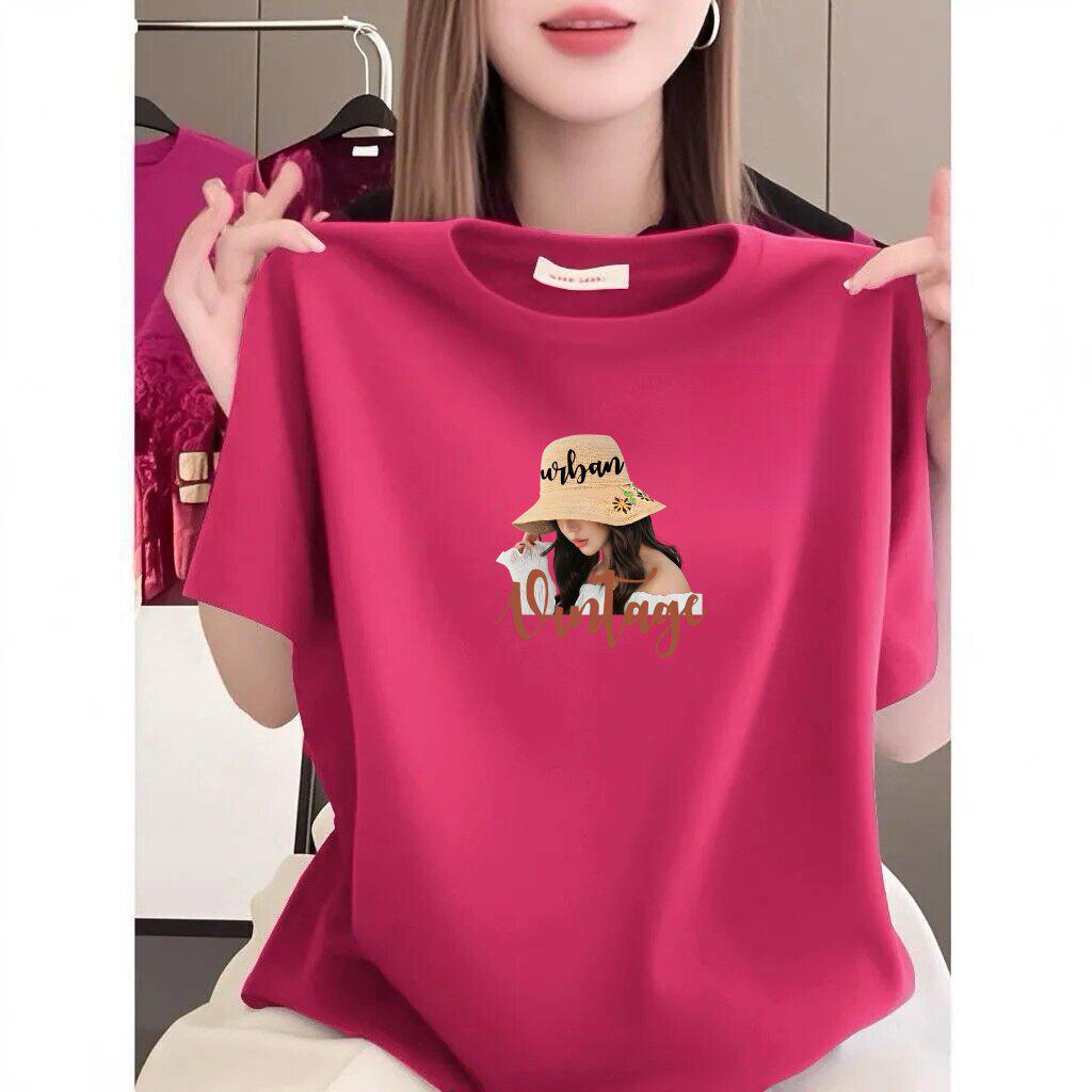 Korean Retro Print Loose Plus Size Women's T-Shirt, Round Neck, Short Sleeve, Slimming Style