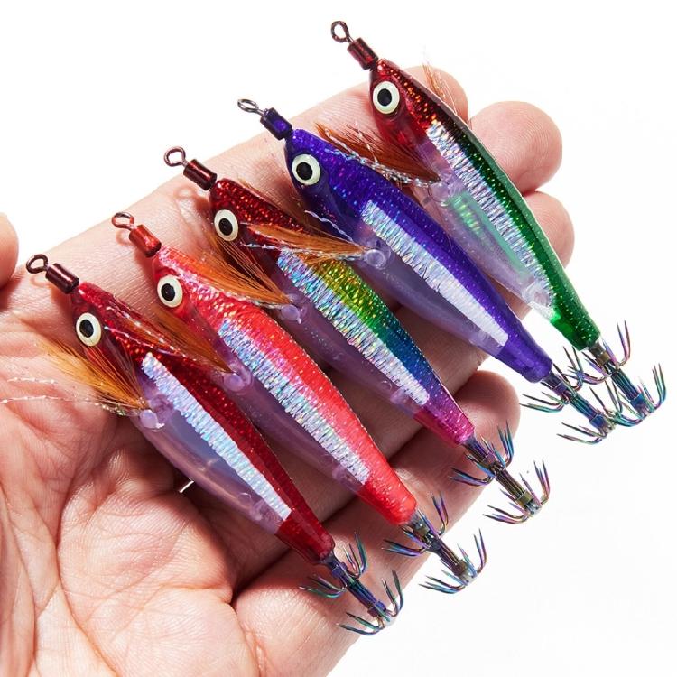 Squid Fishing Lure Set with 5 Solid Forms, Reflective Finish, Horizontal Sinking Action, Feather Skirts and Tail Point Design for Shoreline Use
