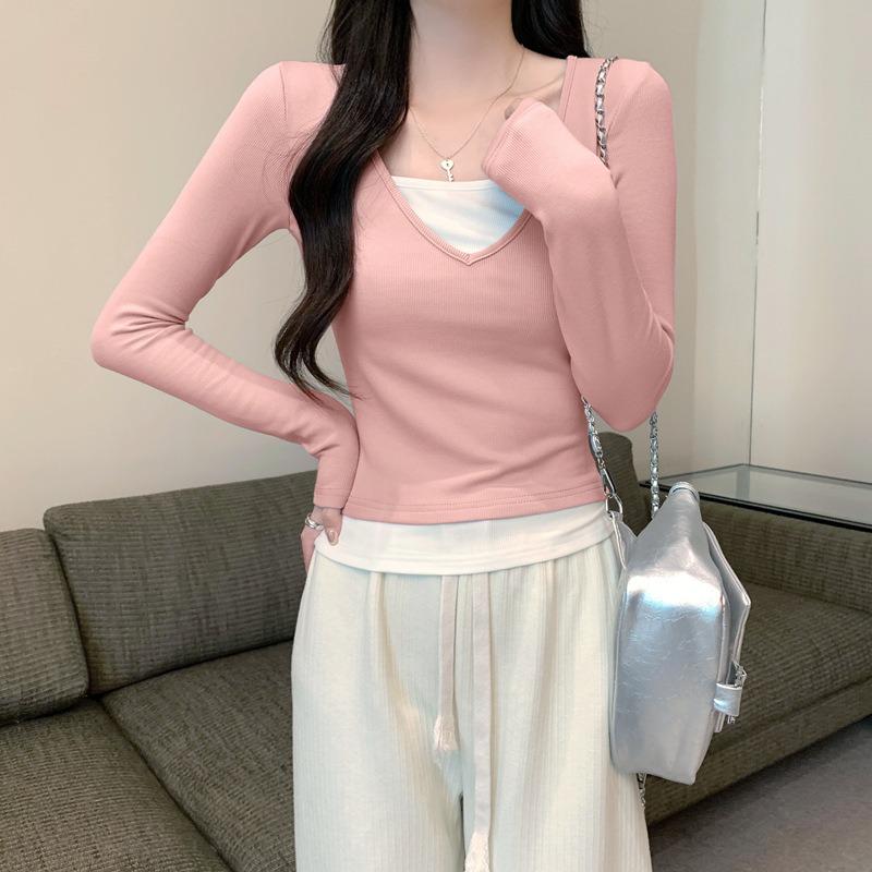 

Spring new tight and thin chic white sky blue fake two-piece collar long-sleeved women s pure desire commuter top 2XL розовый