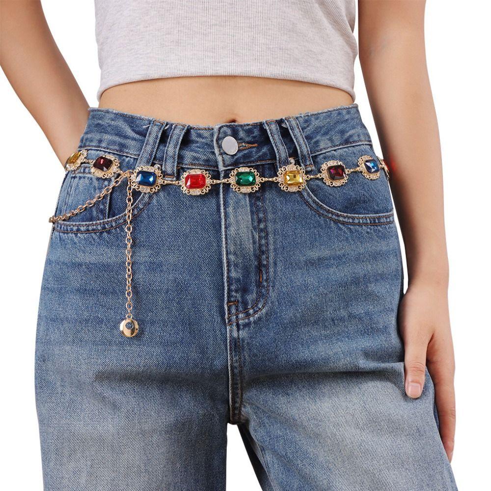 Gold Rhinestone Belly Belts Metal Y2K Waistband Colorful Crystal Waist Chain  Decorative Jeans