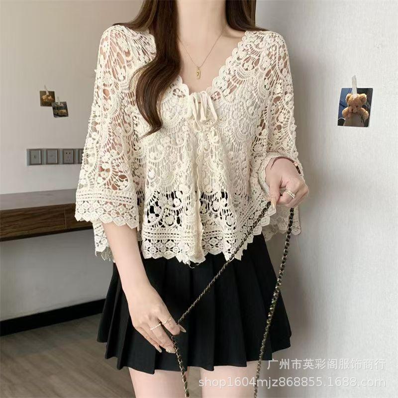 Seaside Retro Vacation Style Sunscreen Knitted Cardigan Women's Summer Hollow Crochet Loose Casual Niche Chic Top