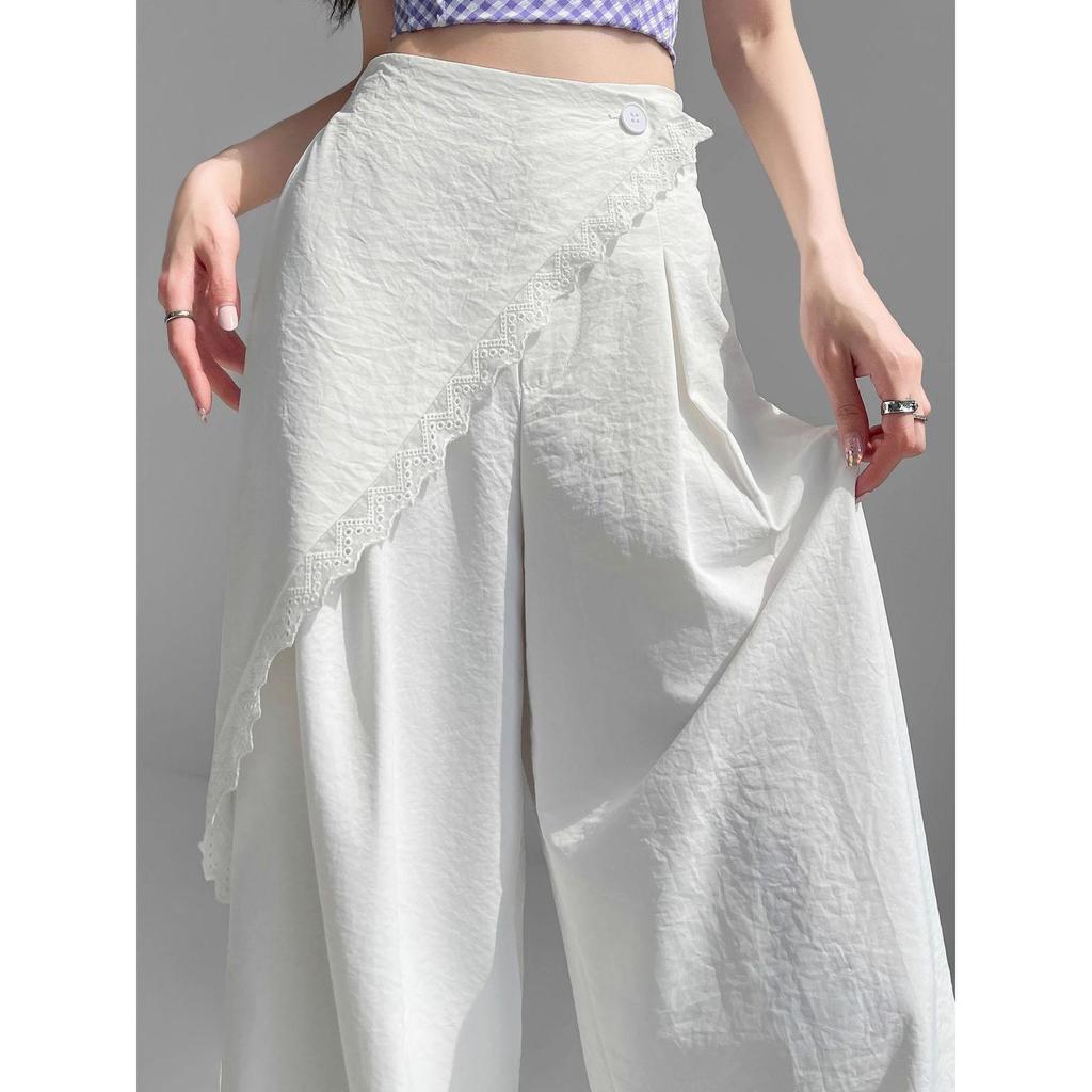 Women's White Lace Two-Piece Wide-Leg Pants with Crotch Cover - High-Waisted, Slimming, Draping, Floor-Length for Summer