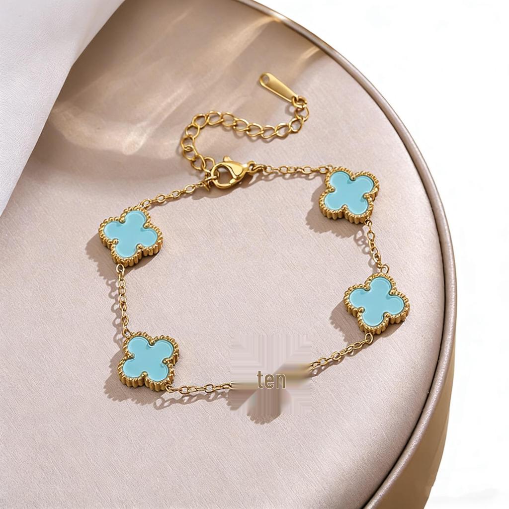 Premium Glück Titanium Stahl Vierblättriges Kleeblatt Armband & Halsketten Set - 13MM Zweiseitige Gold Schlüsselbein Kette für Eleganten Stil