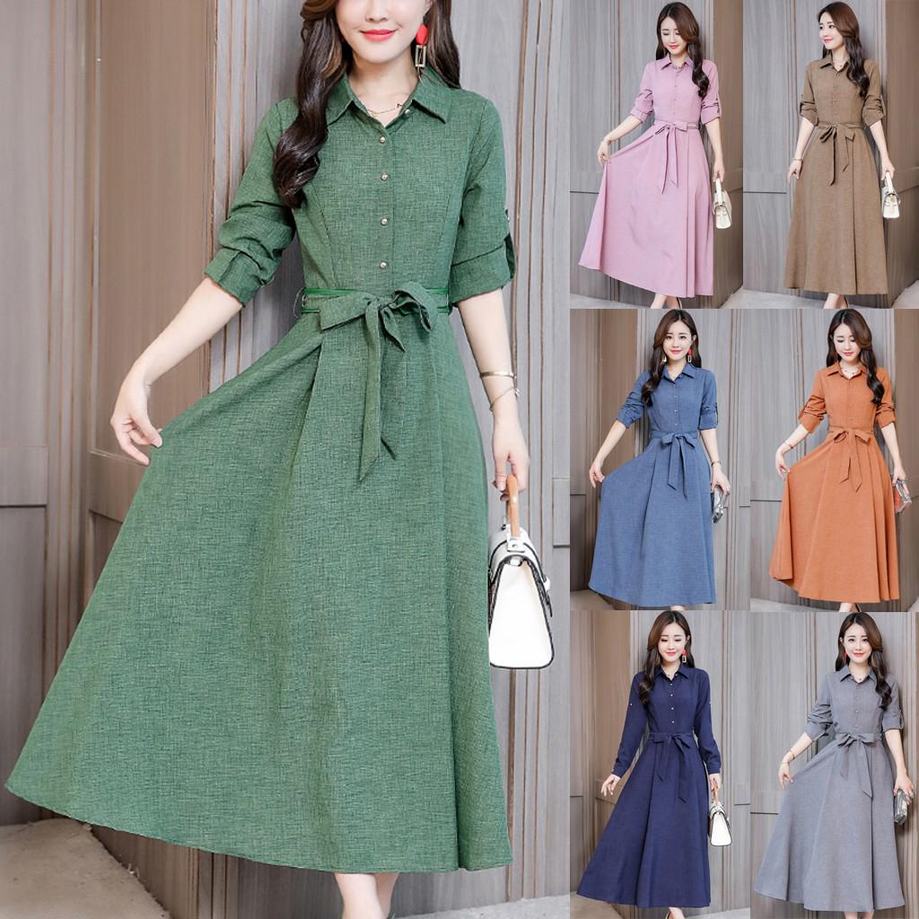 

Женское элегантное однотонное платье с длинным рукавом и высокой талией в стиле бохо, платье на пуговицах