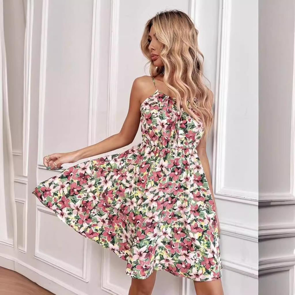 Summer New Style, Elegant, Sleeveless, Dress, Pullover, Printed, Elastic Waist, Camisole Short Skirt, Women's