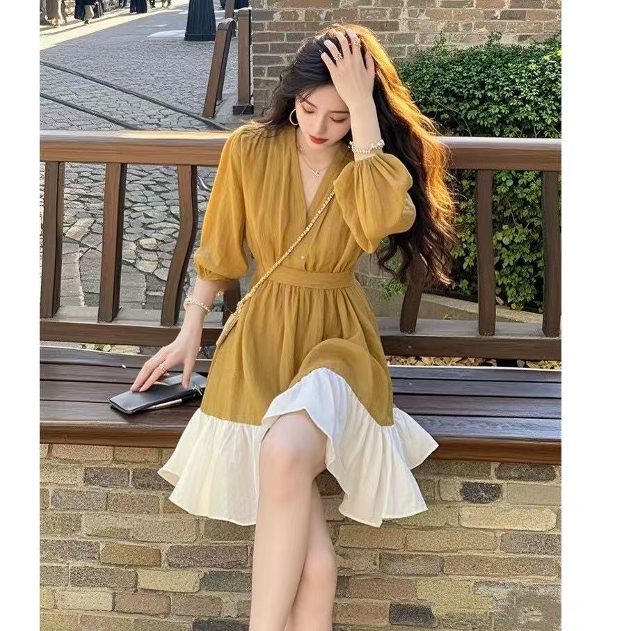 

Yellow Color-Block Patchwork Korean A-Line Summer Dress S жёлтый/имбирный