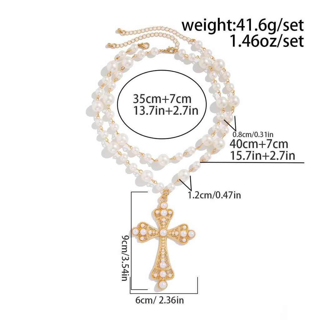 Retro hollowed out cross pendant collarbone chain, imitation pearl bead splicing necklace, suitable for daily street parties to wear