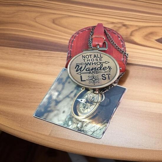 5.08 Cm Engraved Brass Compass “Not All Those Who Wander Are Lost” Pocket Compass with Leather Case Hiking, Camping, Travel Adventurers, Men, Women