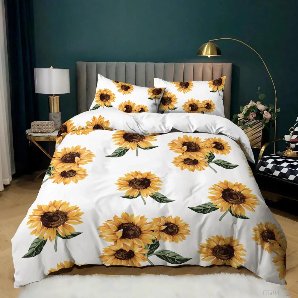 Sunflower Duvet Cover Set King Size 3D Sunflower Butterfly Nature Bedding Set Botanical Plants Novelty Polyester Comforter Cover