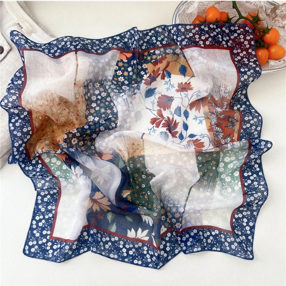 Flower Cotton Linen Print Scarves Floral Printed Silk Scarf Retro Square Handkerchief  Vacation