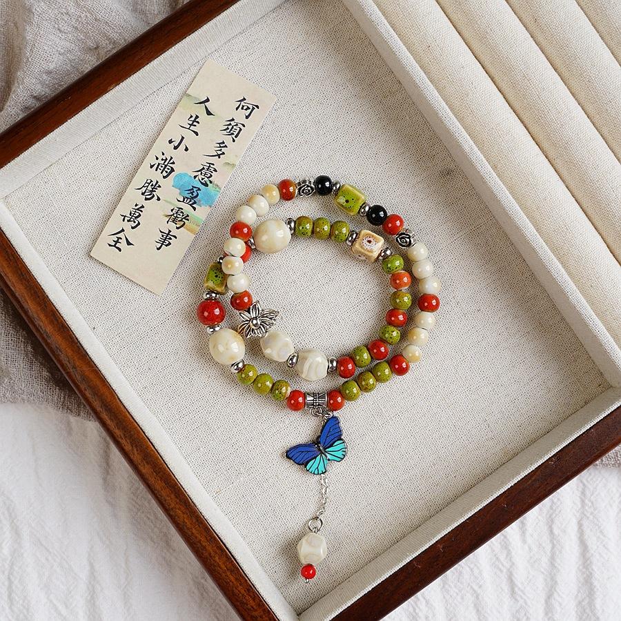 Jingdezhen Ceramic Bracelet New Chinese Style Student Antique Double Circle Beaded Bracelet Jewelry Hand-woven