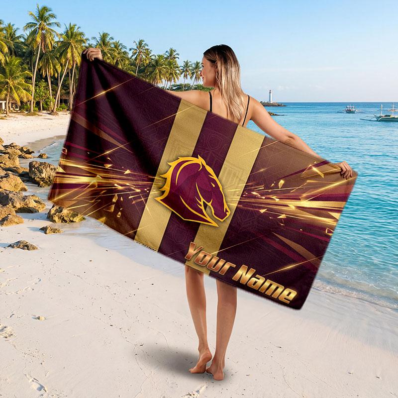 Brisbane Broncos Customized Name Text Beach Towel, Soft Absorbent Towel Beach Pool Travel Personal Gift