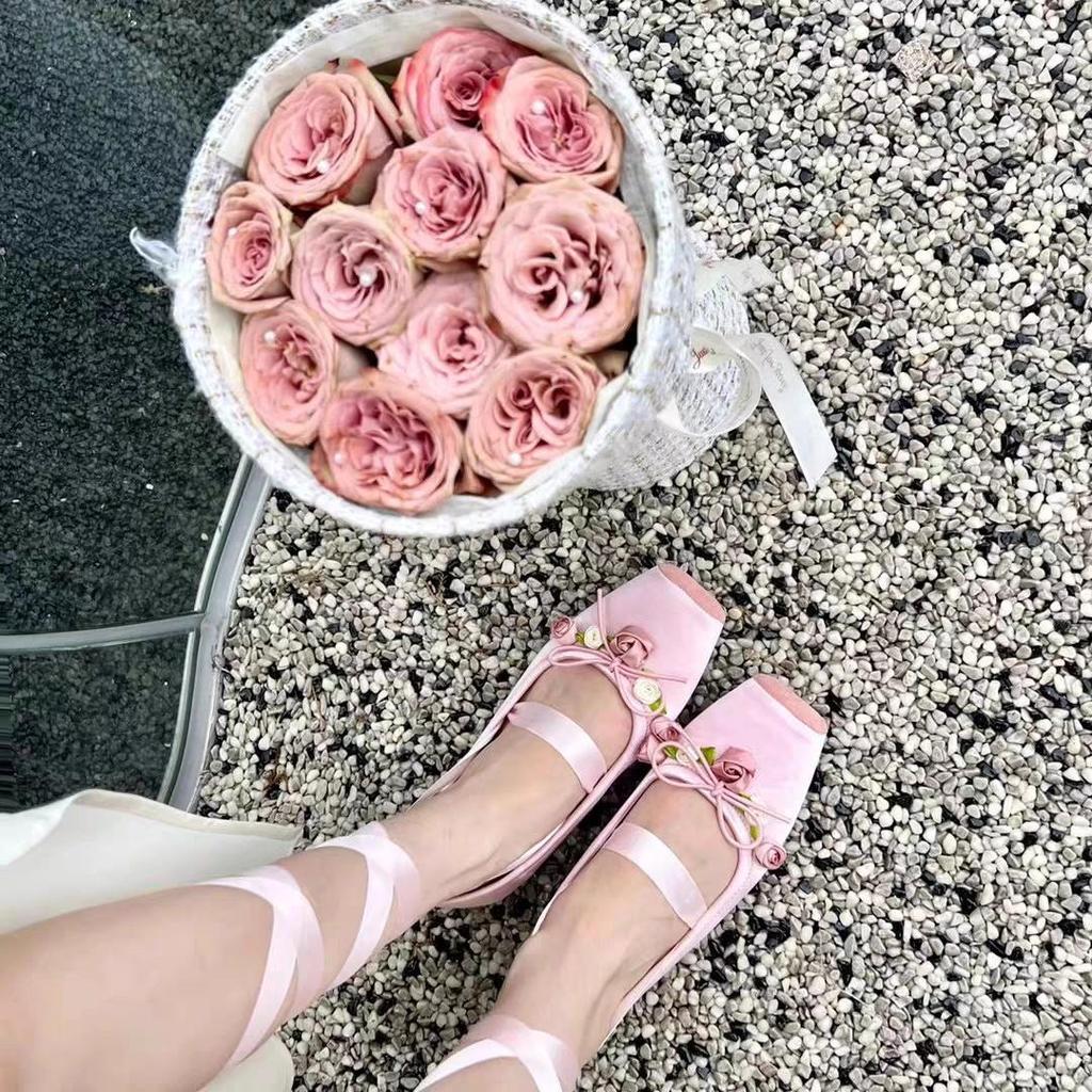Lace Tie Leg Satin Ballet Flats Women Square Toe Bowknot Ballerinas Ladies Wedding Floral Shoes