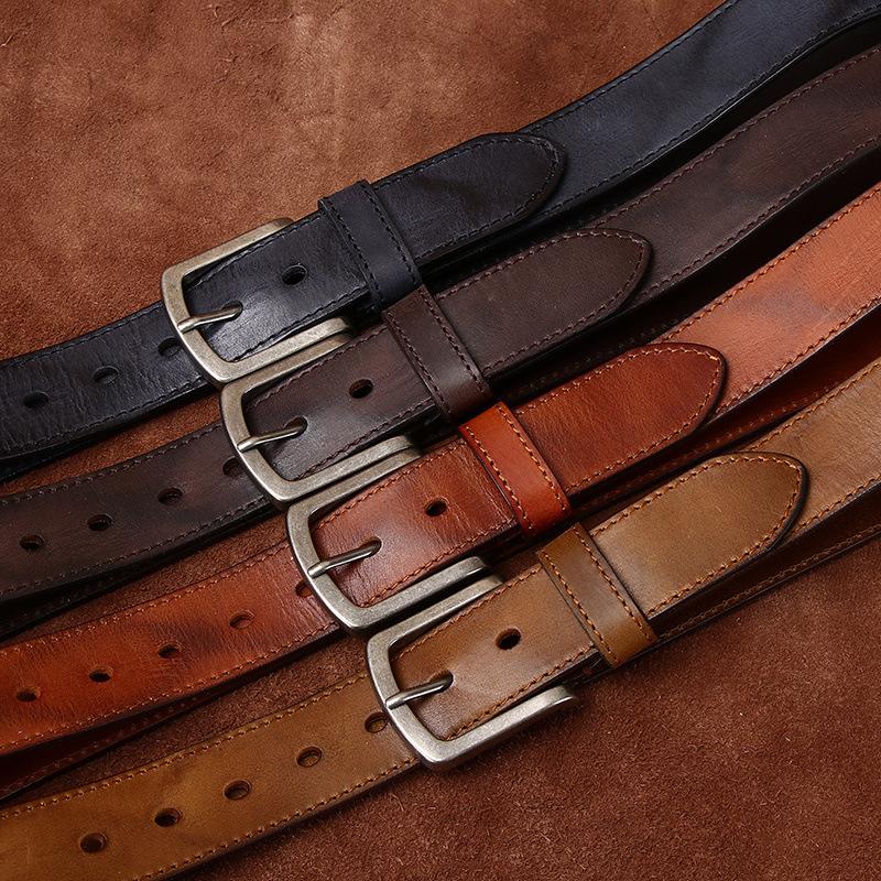 Men's Belt Retro Rub Colored Distressed Pleated Genuine Cattlehide Leather Surface Denim Casual Working Pants Belt