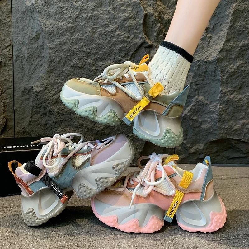 Chaussures Classiques de Luxe pour Femmes Baskets Décontractées pour Femmes Baskets Épaisses Cambrées Escarpins à Talon Moyen Chaussures en Mesh Respirant