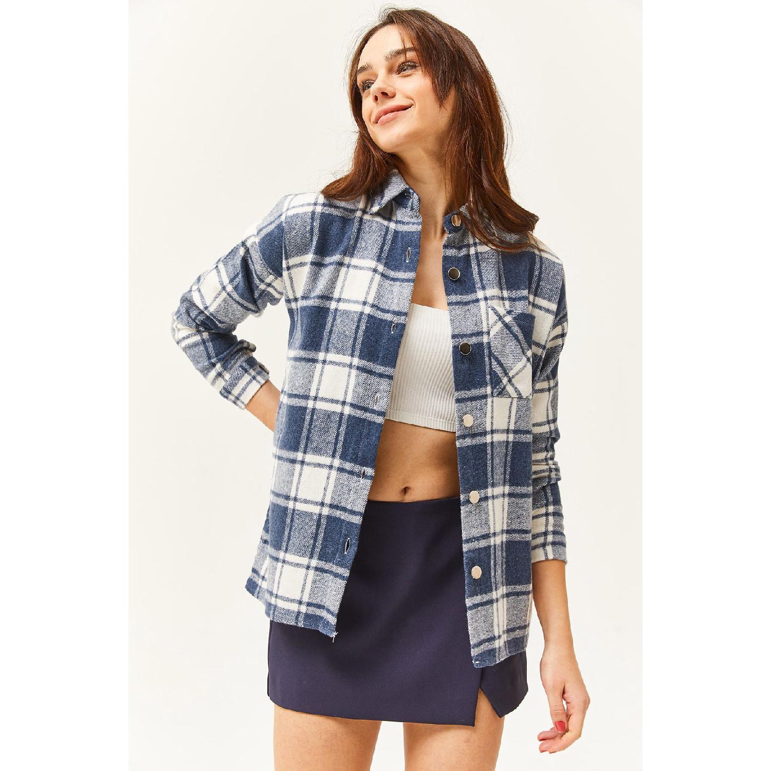 

Women s Ecru Indigo Single Pocket Thick Plaid Lumberjack Shirt Gml-19000736 S бежевий