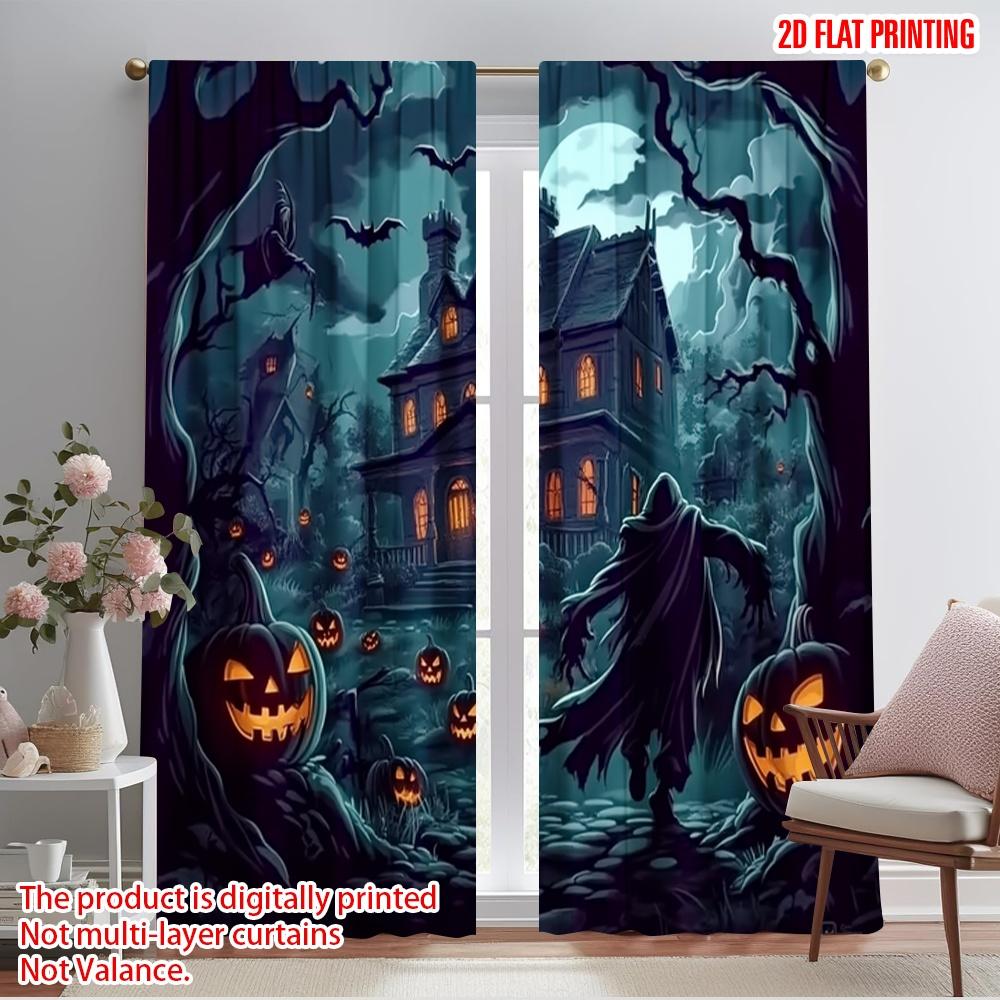 2pcs 2D flat printing Halloween Window Curtains Purple Robe Monster and Pumpkin Lantern 100% Polyester Fabric Without