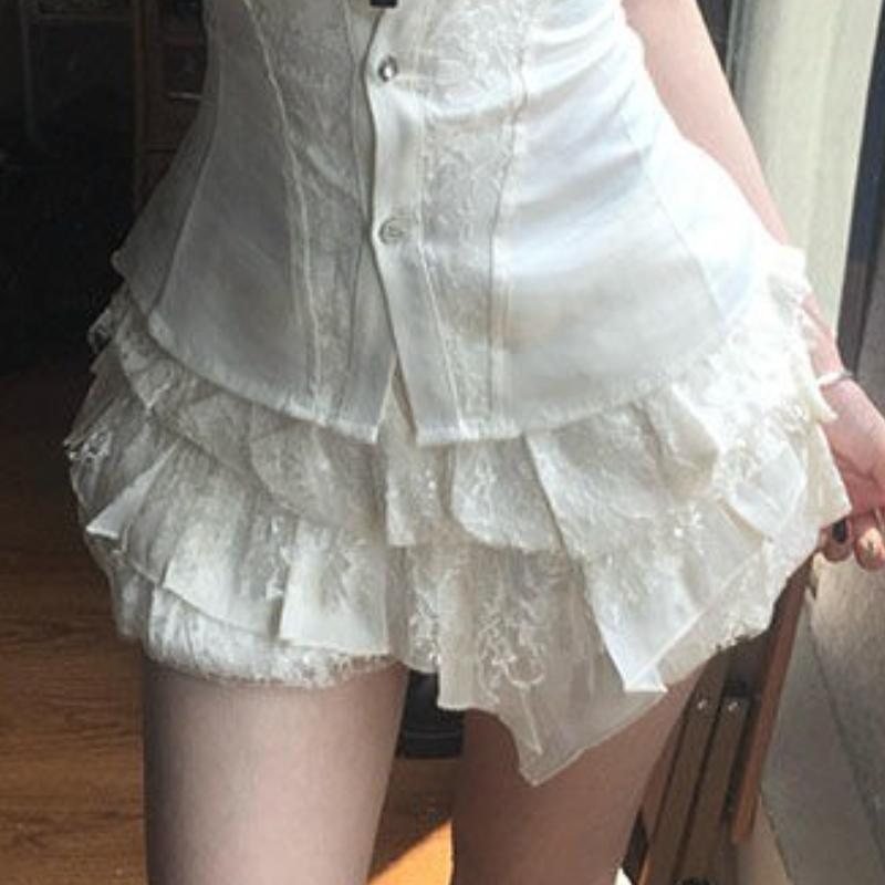 VAYLA Y2k Vintage Satin Lace Slim 2 Piece Set Women Chic Short Sleeve Shirt + Puffy Low Rise Bud Culottes Aesthetic Grunge Sexy Outfit