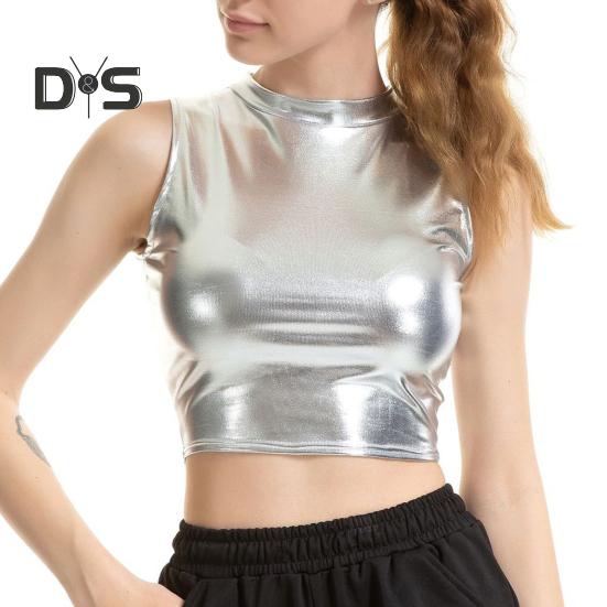 

Женский укороченный топ с круглым вырезом без рукавов, глянцевый однотонный, с короткой талией, облегающий, для клубной вечеринки, майка для выступлений 2XL