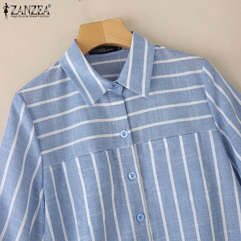 ZANZEA Women Turn Down Collar Loose 3/4 Sleeve Stripe Blouse