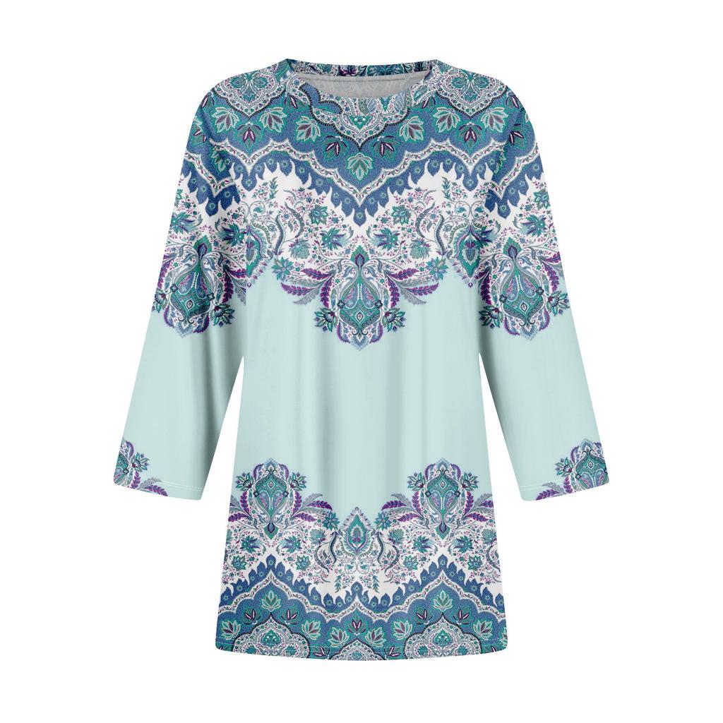 Tunic Tops For Women Loose Fit Prints Tops 3/4 Length Sleeve Womens Tops With Asymmetrical Hem