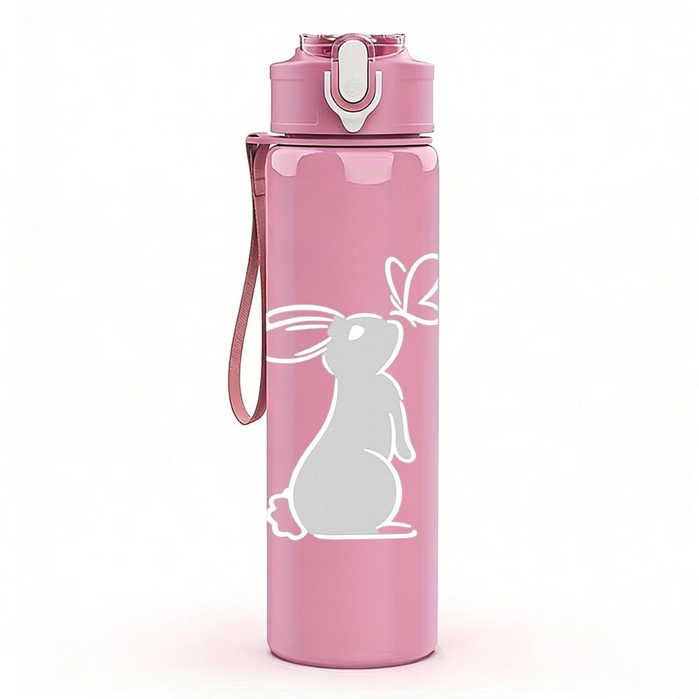 1PC White Rabbit Minimal Outline Print 750ml Color Plastic Sports Water Bottle Leakproof Flip Straw Lid Suitable for Sports Office Home Use