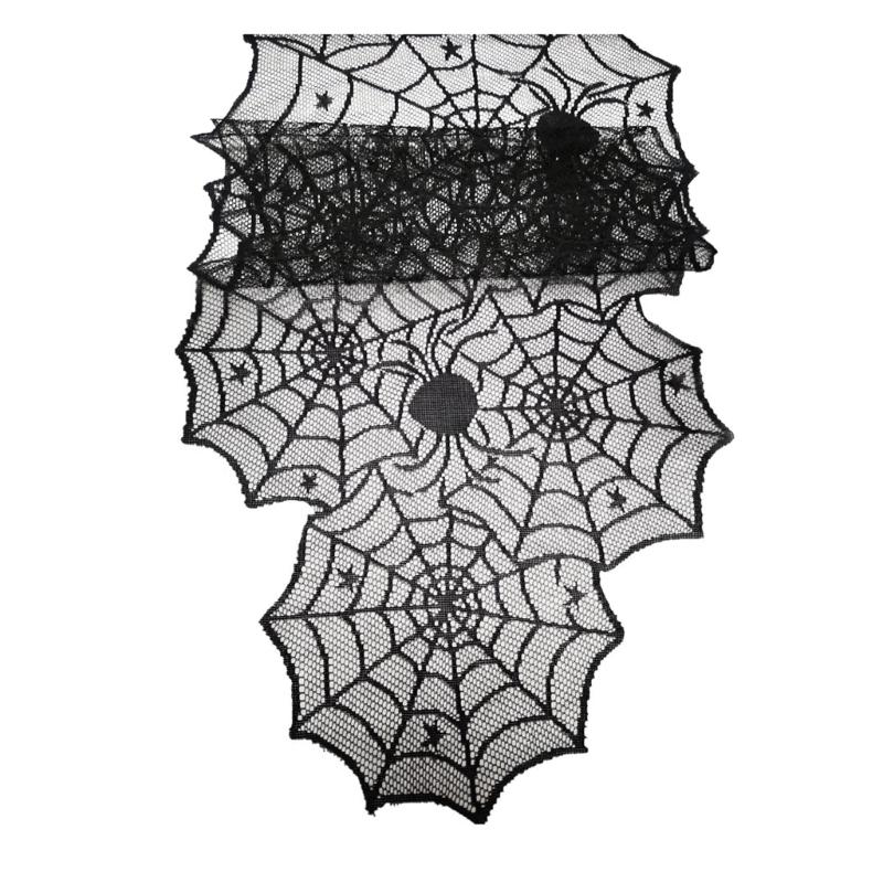 Elegant Black Spiderweb Tablecloth Halloweens Dinner Decoration 180cm Laces Design Indoor Party Decoration Long Polyester