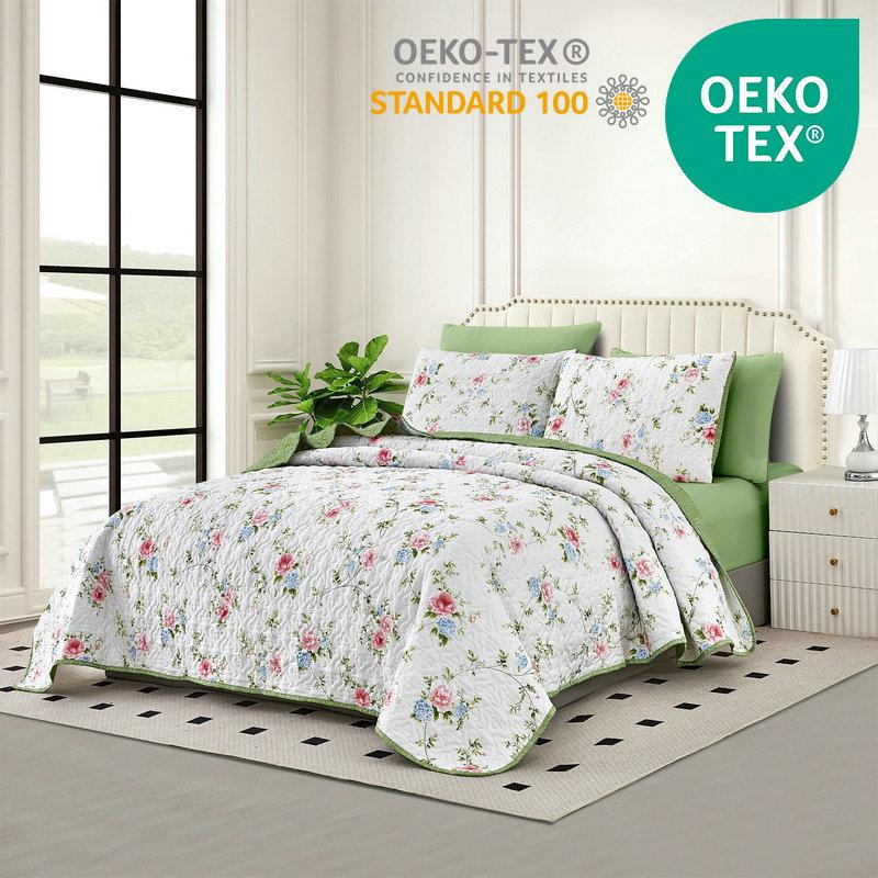 

American Pastoral Quilted Ultrasonic Bedspread Set - Washable, Fresh Print, Brushed Fabric, 3-Piece 168*229cm Bedspread, 50*75cm Pillowcases*2